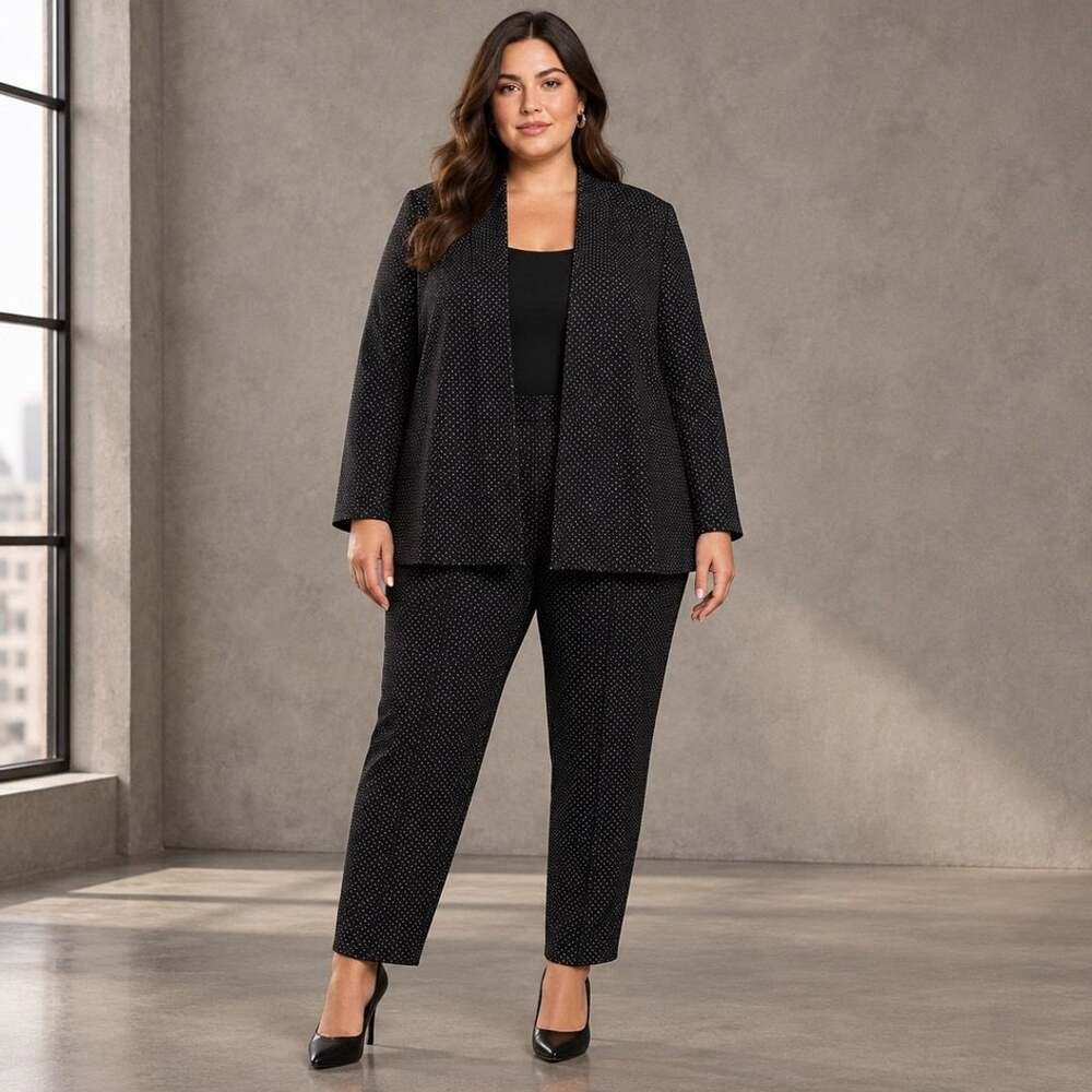 Investments Woman Pantsuit Size 2X Black Polka Dot Blazer Pant Set